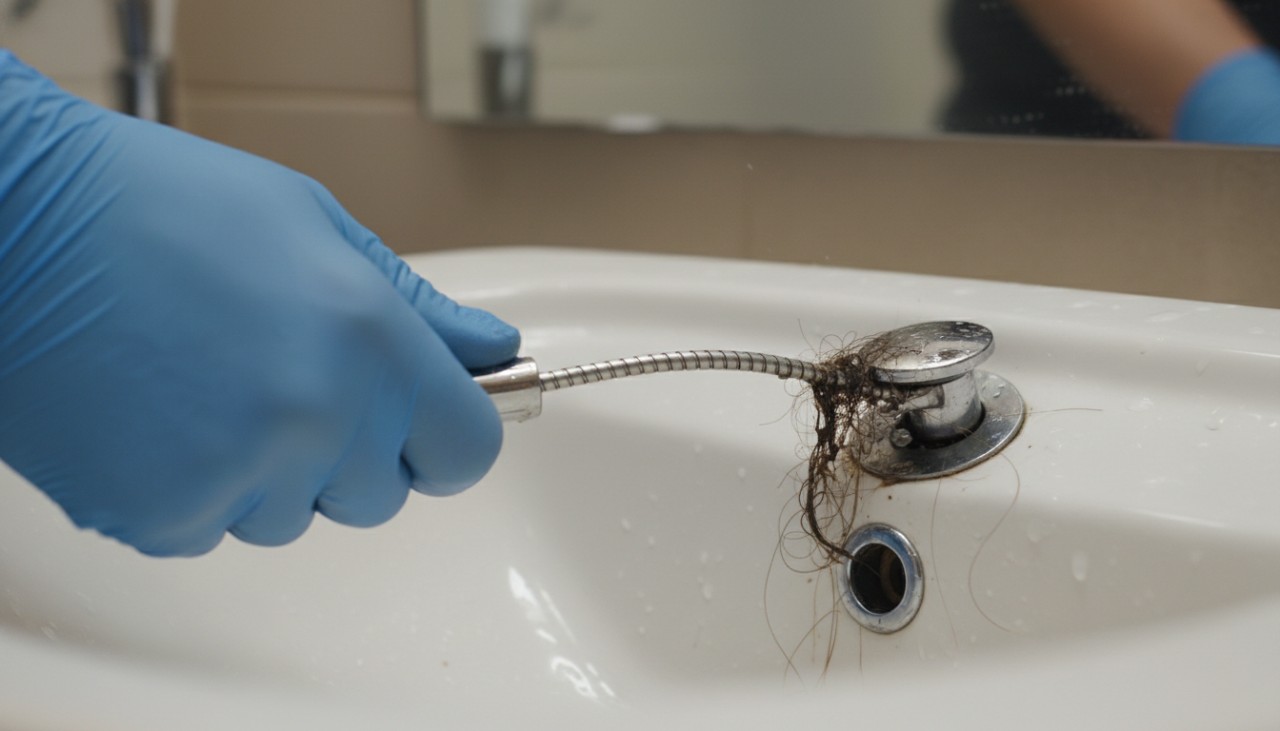 A close-up image of a hand using a drain snake to remove hair from a <a href=