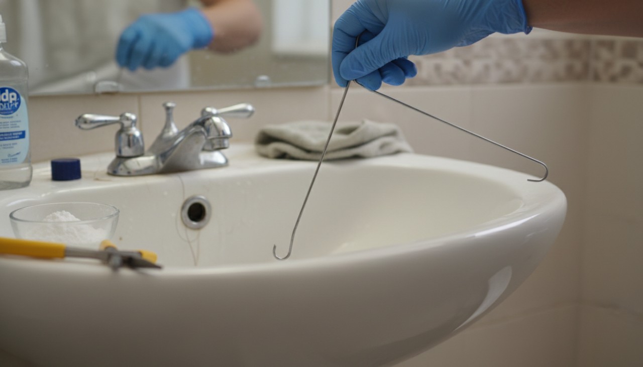 A DIY setup showing a straightened wire hanger next to a bathroom sink, demonstrating the tool's use in unclogging the drain.