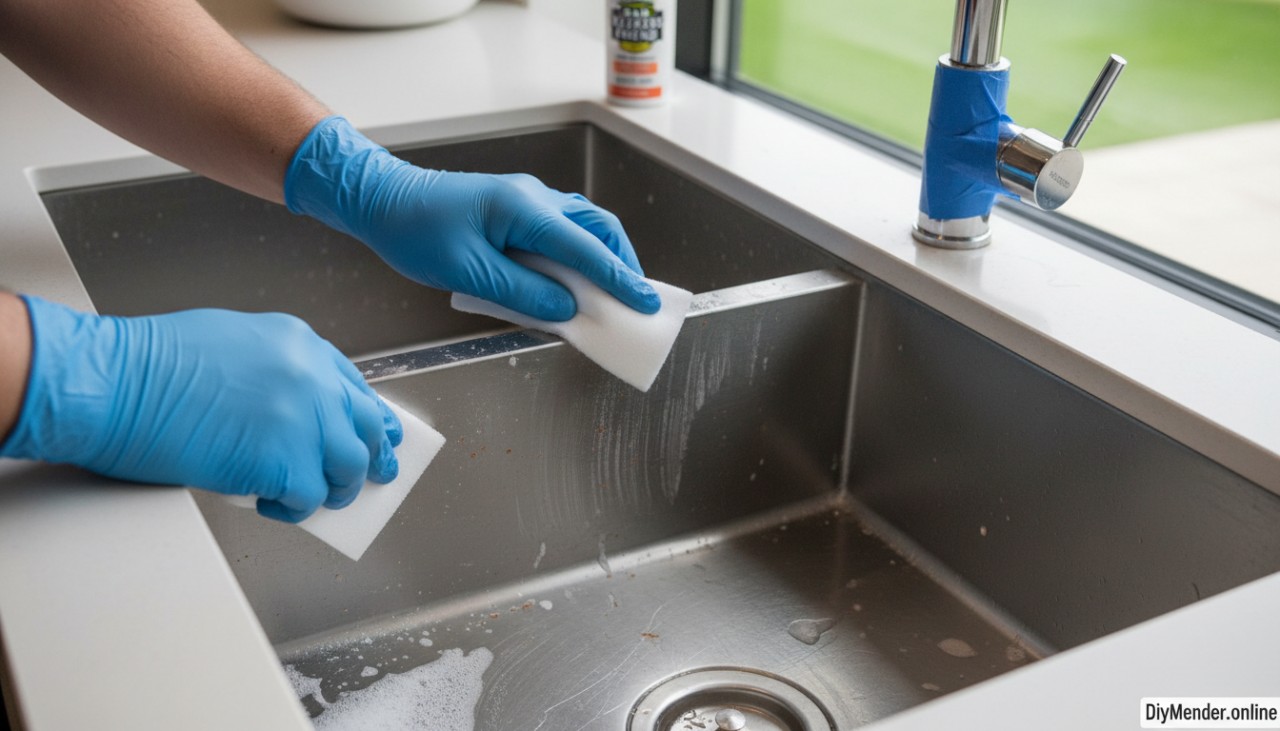 A homeowner gently scrubs a stainless sink with a non-scratch pad, following the grain after sprinkling oxalic acid cleaner (Bar Keepers Friend). The rust specks are clearing, faucet taped to avoid splash. DiyMender.online