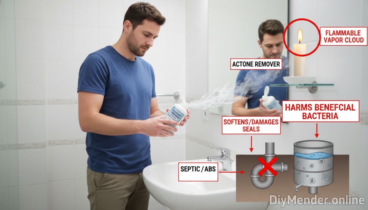 A homeowner stands at a bathroom sink holding an open acetone bottle over the drain. Callouts show: flammable vapor cloud near a candle flame, a PVC/ABS P-trap labeled "softens/damages seals," and an arrow to a septic tank labeled "harms bacteria." Watermark: DiyMender.online A homeowner stands at a bathroom sink holding an open acetone bottle over the drain. Callouts show: flammable vapor cloud near a candle flame, a PVC/ABS P-trap labeled "softens/damages seals," and an arrow to a septic tank labeled "harms bacteria." Watermark: DiyMender.online