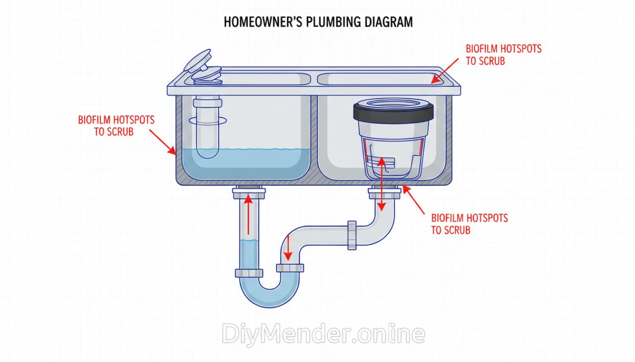 A homeowner’s cutaway diagram: sink with pop-up stopper, overflow channel, P-trap with water seal, disposal and splash guard; arrows show biofilm hotspots to scrub. Include DiyMender.online watermark.