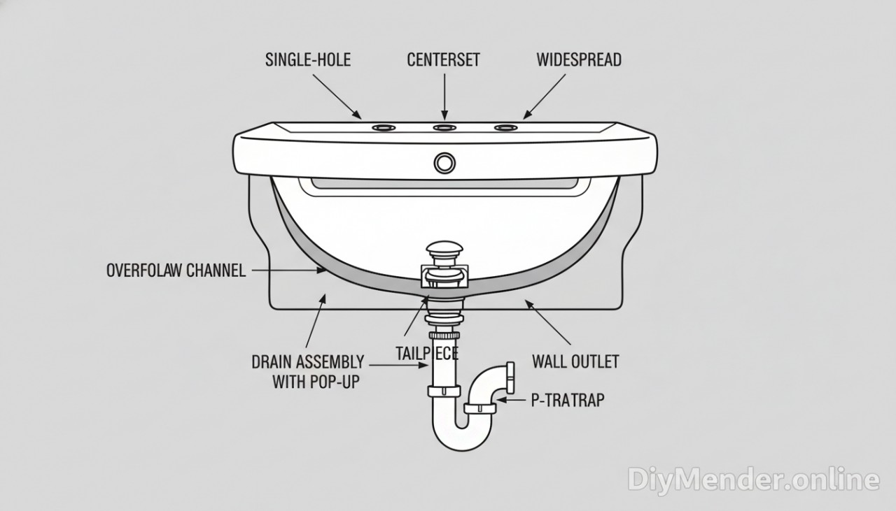 A labeled cutaway diagram of a bathroom basin sink showing faucet holes (single/centerset/widespread), overflow channel, drain assembly with pop-up, tailpiece, P-trap, wall outlet, and mounting points, with simple callouts and arrows; neutral background; clean lines; clear “DiyMender.online” watermark A labeled cutaway diagram of a bathroom basin sink showing faucet holes (single/centerset/widespread), overflow channel, drain assembly with pop-up, tailpiece, P-trap, wall outlet, and mounting points, with simple callouts and arrows; neutral background; clean lines; clear “DiyMender.online” watermark