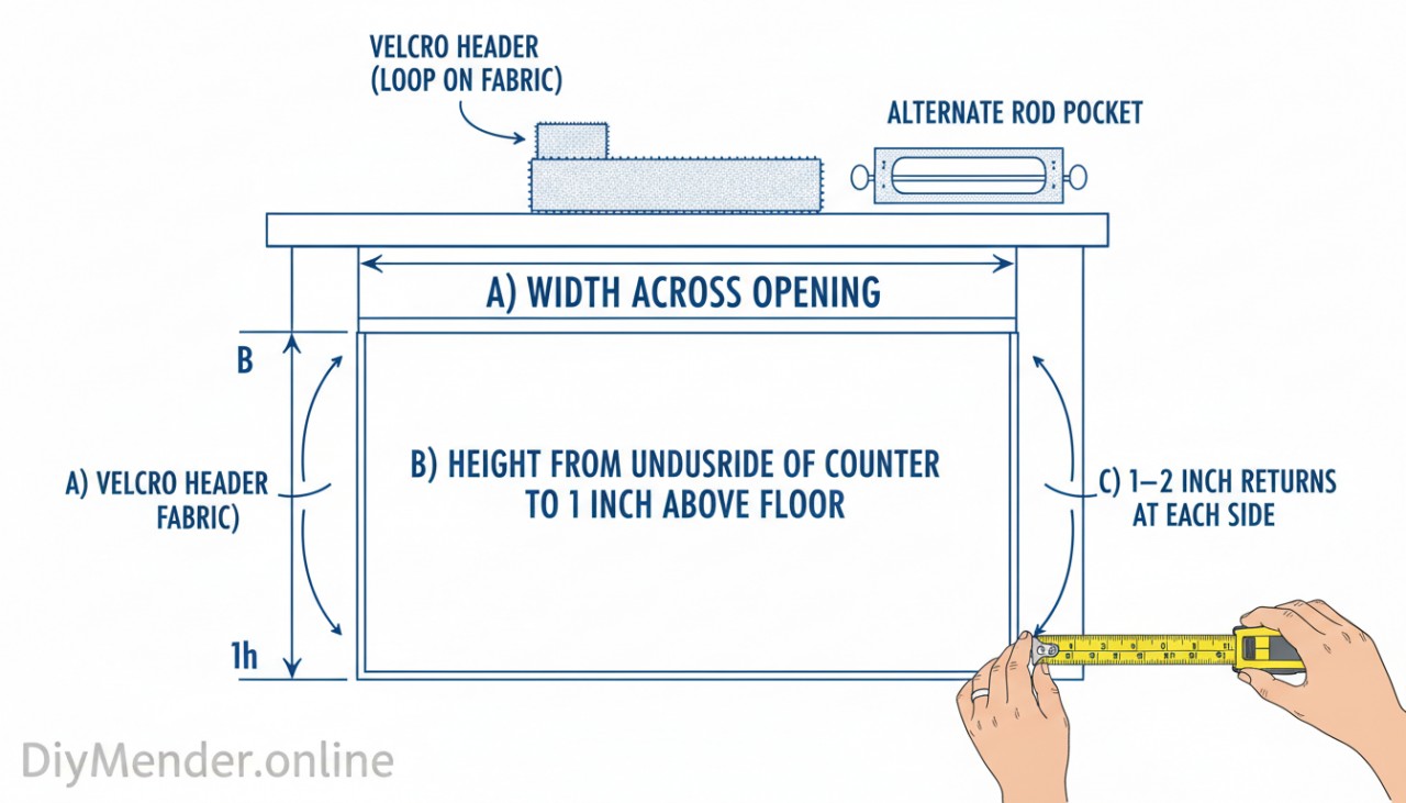 A labeled diagram of a sink front shows: A) width across opening, B) height from underside of counter to 1 inch above floor, C) 1–2 inch returns at each side. Callouts show a Velcro header (loop on fabric, hook stuck under the counter) and an alternate rod pocket. A homeowner’s hands hold a tape measure; DiyMender.online watermark.
