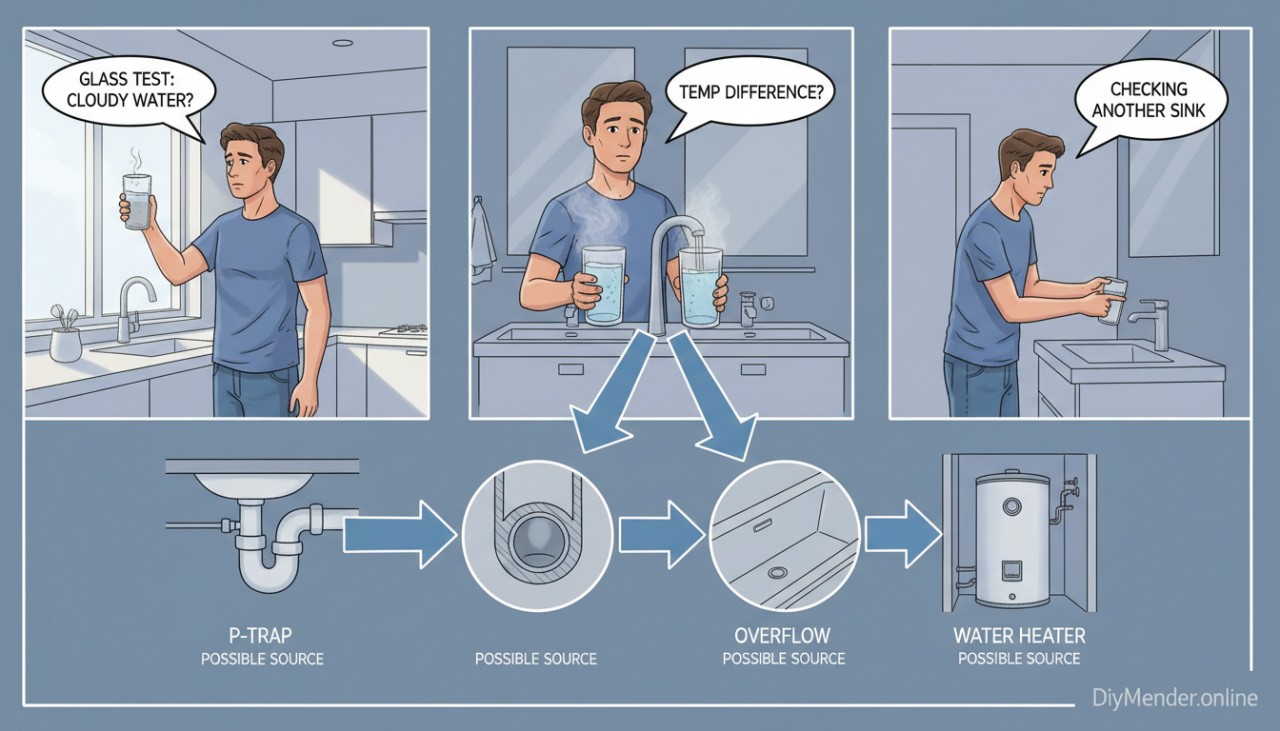 A realistic diagram showing a homeowner doing three tests: the glass test in another room, comparing hot vs cold from the same faucet, and checking another sink; arrows pointing to the P-trap, overflow, and water heater as possible sources. Include small "DiyMender.online" watermark in the corner.