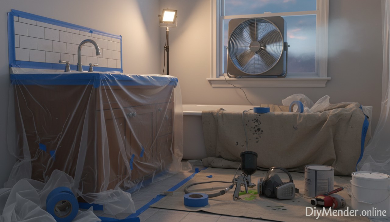 A realistic scene: a homeowner has masked a vanity, faucet, and backsplash with blue tape and plastic; a box fan in the window exhausts overspray; an HVLP gun and respirator lay on the drop cloth; include DiyMender.online watermark.