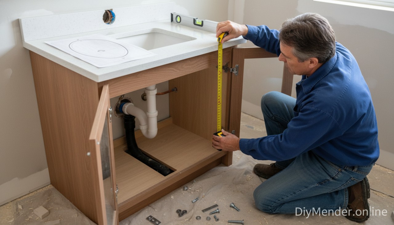 A realistic scene of a homeowner measuring vanity cutout and checking P-trap height with a tape measure and level before installing an undermount basin; shows wall drain outlet, template on countertop, and fasteners laid out; subtle “DiyMender.online” watermark A realistic scene of a homeowner measuring vanity cutout and checking P-trap height with a tape measure and level before installing an undermount basin; shows wall drain outlet, template on countertop, and fasteners laid out; subtle “DiyMender.online” watermark