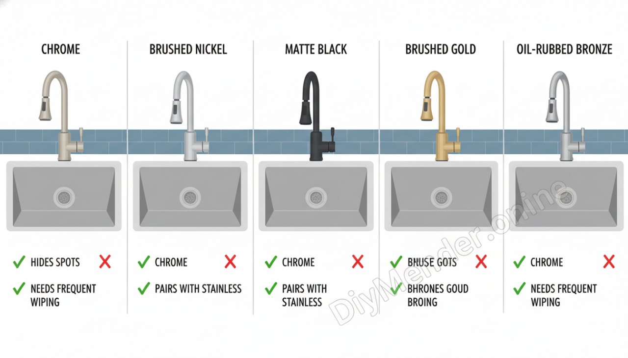 A side-by-side, labeled comparison illustration of five faucet finishes mounted over the same stainless steel sink: chrome, brushed nickel, matte black, brushed gold, oil-rubbed bronze, with checkmarks for “hides spots,” “pairs with stainless,” and “needs frequent wiping”; include clear "DiyMender.online" watermark A side-by-side, labeled comparison illustration of five faucet finishes mounted over the same stainless steel sink: chrome, brushed nickel, matte black, brushed gold, oil-rubbed bronze, with checkmarks for “hides spots,” “pairs with stainless,” and “needs frequent wiping”; include clear "DiyMender.online" watermark