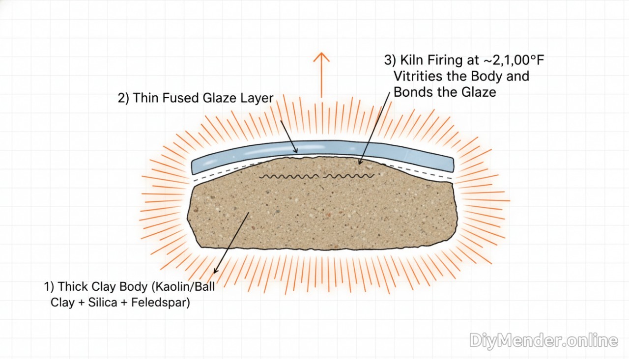 A simple cutaway diagram: 1) Thick clay body (kaolin/ball clay + silica + feldspar); 2) Thin fused glaze layer; 3) Kiln firing at ~2,100°F vitrifies the body and bonds the glaze. Include DiyMender.online watermark.