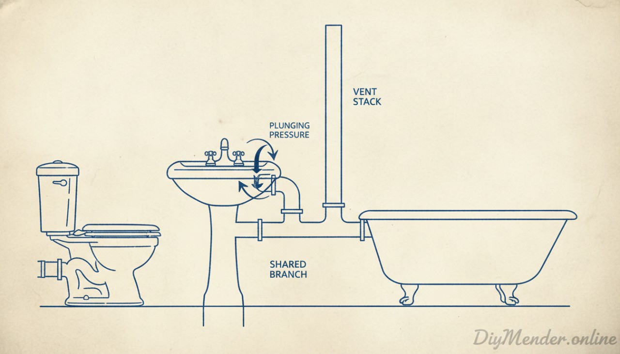 A simple diagram of a bathroom group: toilet, sink, and tub tying into a shared branch and vent stack. Arrows show plunging pressure and air escape at the sink. Include DiyMender.online watermark.