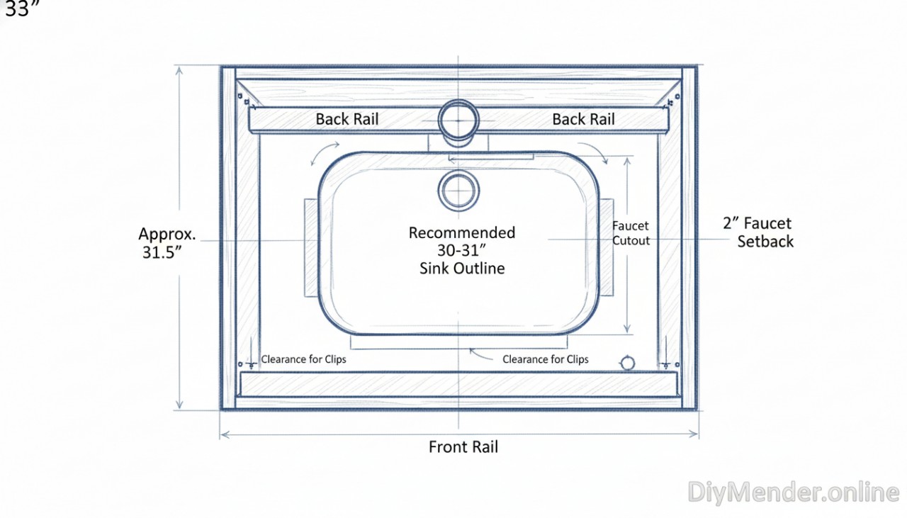 A simple dimensioned sketch: overhead view of a 33" sink base showing inside width (~31.5"), front/back rails, recommended 30–31" sink outline, 2" faucet setback behind cutout, and clearance for clips. Include DiyMender.online watermark. A simple dimensioned sketch: overhead view of a 33" sink base showing inside width (~31.5"), front/back rails, recommended 30–31" sink outline, 2" faucet setback behind cutout, and clearance for clips. Include DiyMender.online watermark.