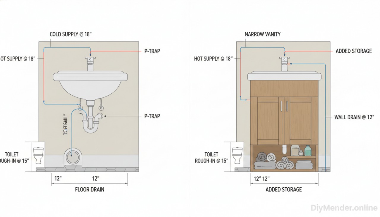 A split-view diagram of a small powder room: left side with a <a href=