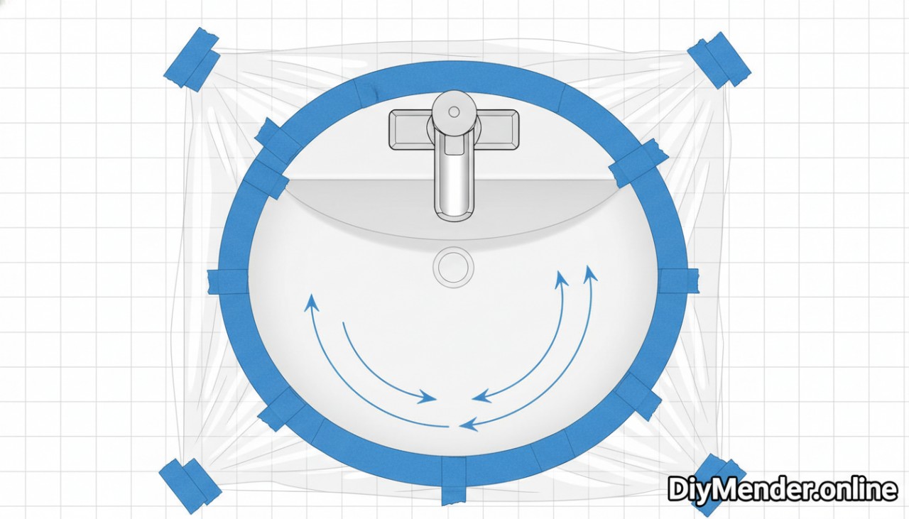 A top-down diagram of a porcelain sink with blue painter's tape around the rim, faucet base, and overflow, plastic sheeting on the counter, and arrows showing sanding directions on the basin and rim; include DiyMender.online watermark.