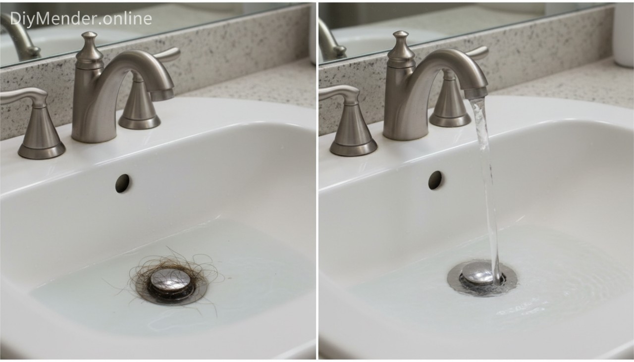 Before-and-after split image: left shows a bathroom sink with cloudy standing water and hair around the stopper; right shows clear, fast-draining water after hair removal and P-trap cleaning. Close-up, realistic home setting. “DiyMender.online” watermark in the top-left corner.