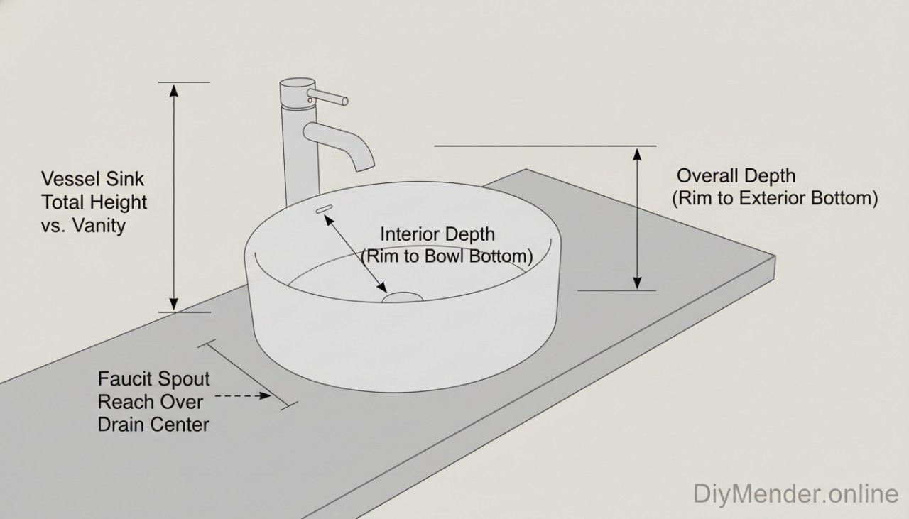 Clean diagram of bathroom sink depth measurements: interior depth (rim to bowl bottom), overall depth (rim to exterior bottom), vessel sink total height vs. vanity, faucet spout reach over drain center; simple labels and arrows; neutral background; add a clear “DiyMender.online” watermark