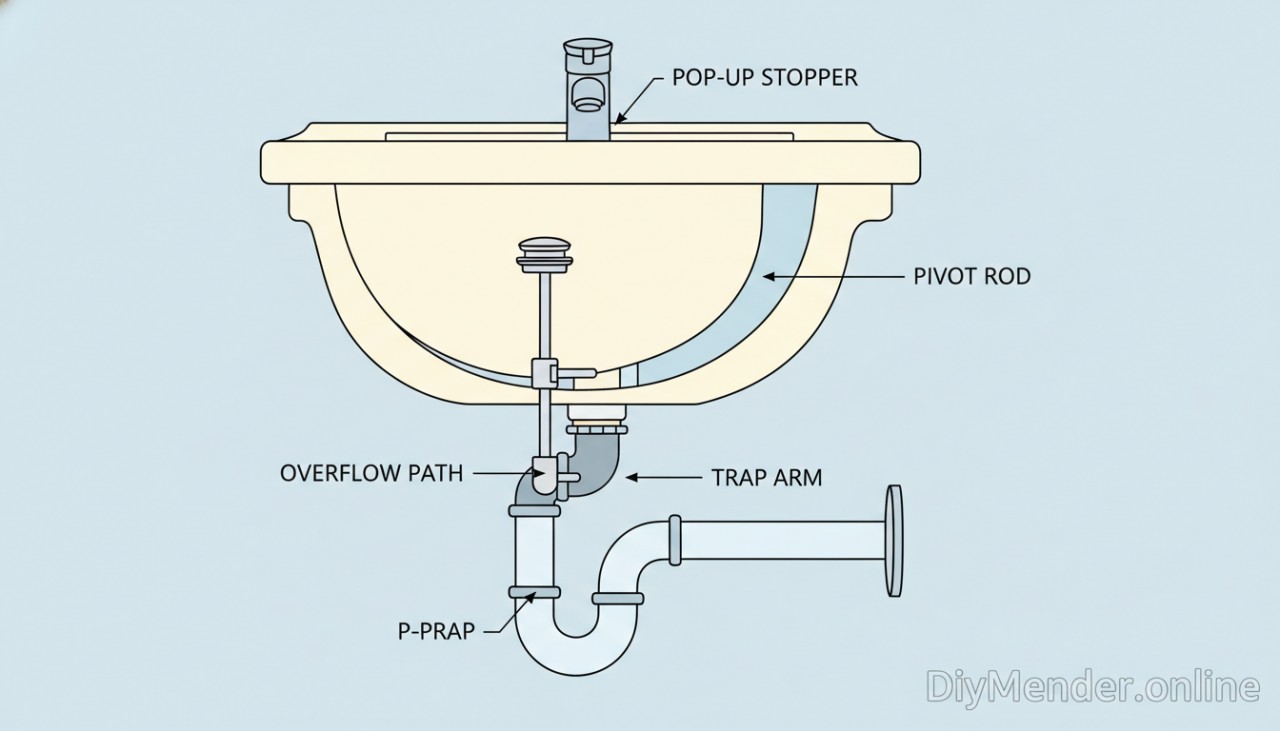 Cutaway diagram of a bathroom sink showing the pop-up stopper, pivot rod, P-trap, trap arm, and overflow path, with simple labels and arrows; clean, high-contrast lines; subtle colors; includes a clear "DiyMender.online" watermark