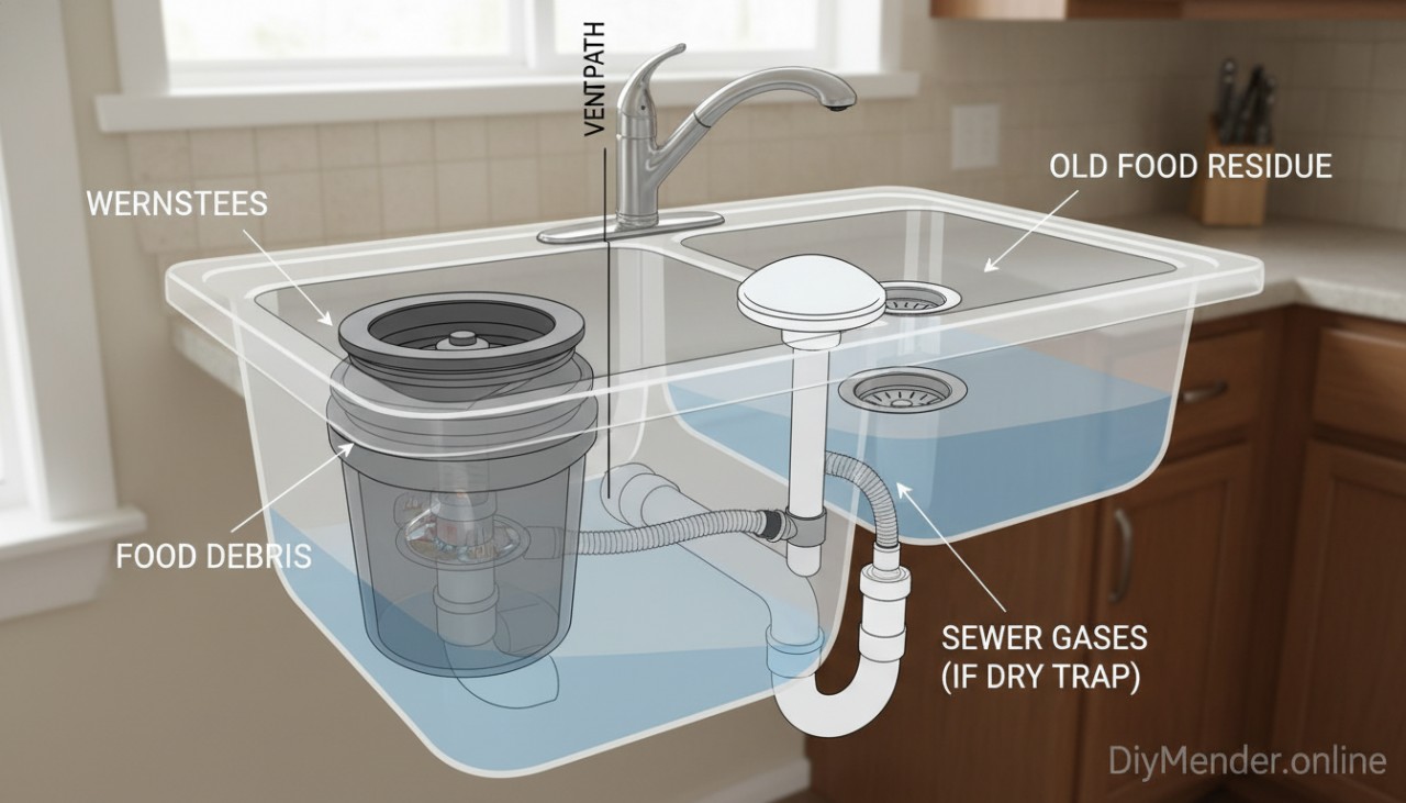 Cutaway diagram of a kitchen sink showing: disposal with rubber splash guard, basket strainer and tailpiece, P-trap with water seal, dishwasher air gap and hose, and vent path. Label common odor sources with arrows. Bright, realistic homeowner scene; subtle DiyMender.online watermark in the lower-right corner.