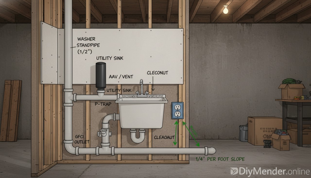 Cutaway diagram of a laundry wall: washer standpipe (2"), utility sink with P-trap (1-1/2"), vent connection or AAV above the trap weir, cleanout on the branch, proper 1/4" per foot slope arrows; GFCI outlet nearby. Realistic garage/basement vibe. DiyMender.online watermark. Cutaway diagram of a laundry wall: washer standpipe (2"), utility sink with P-trap (1-1/2"), vent connection or AAV above the trap weir, cleanout on the branch, proper 1/4" per foot slope arrows; GFCI outlet nearby. Realistic garage/basement vibe. DiyMender.online watermark.