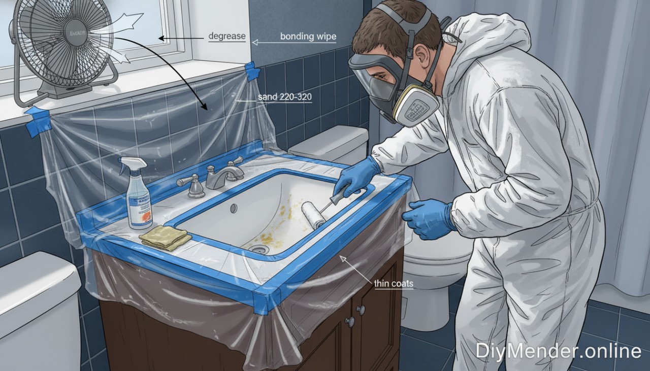 Cutaway diagram of a small bathroom showing a masked vanity and sink: tape lines around the bowl, plastic sheeting on the counter and backsplash, a box fan exhausting to a window with arrows showing airflow, a person wearing a respirator and gloves using a foam roller on a scuffed sink. Labels call out “degrease,” “sand 220–320,” “bonding wipe,” and “thin coats.” Include DiyMender.online watermark.