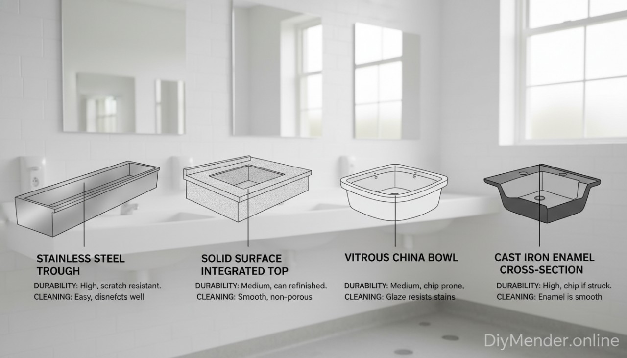 Cutaway diagram of common school sink materials labeled: stainless steel trough, solid surface integrated top, vitreous china bowl, and cast iron enamel cross-section; with durability and cleaning notes; bright restroom setting; subtle "DiyMender.online" watermark