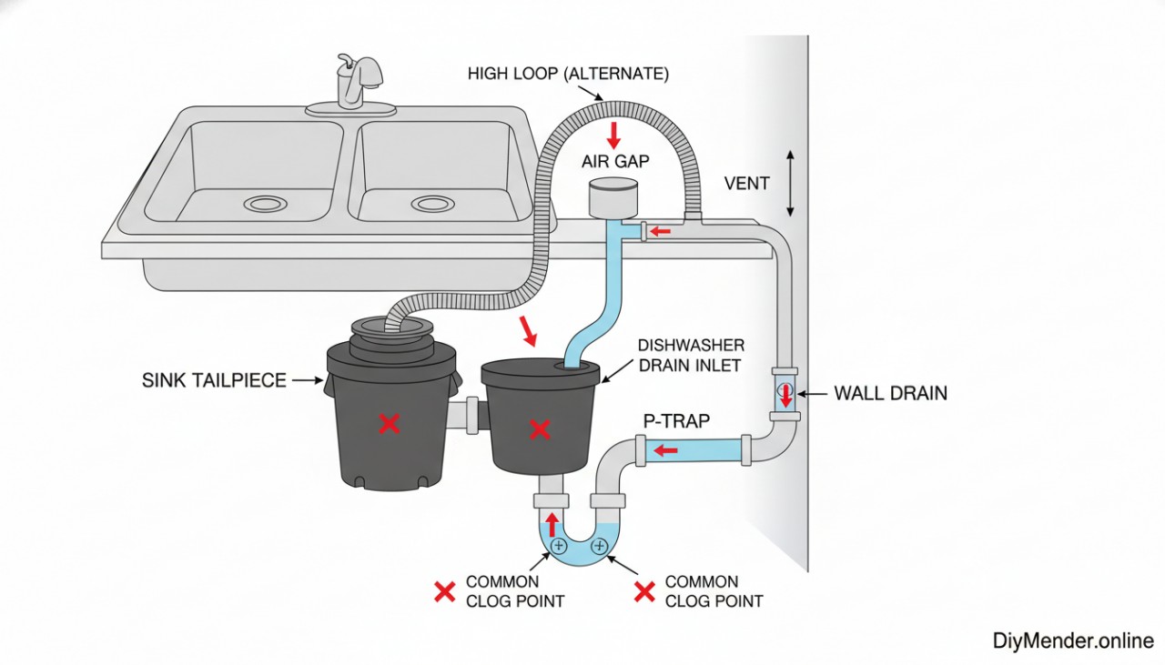 Detailed labeled diagram of a typical kitchen sink plumbing setup showing dishwasher drain hose to air gap and alternate high loop, connection to garbage disposal inlet, sink tailpiece, P-trap, wall drain, and vent. Include arrows showing water flow and the points where clogs commonly form. Clean, instructional illustration with simple colors, clear labels, and a small “DiyMender.online” watermark in the bottom-right corner.