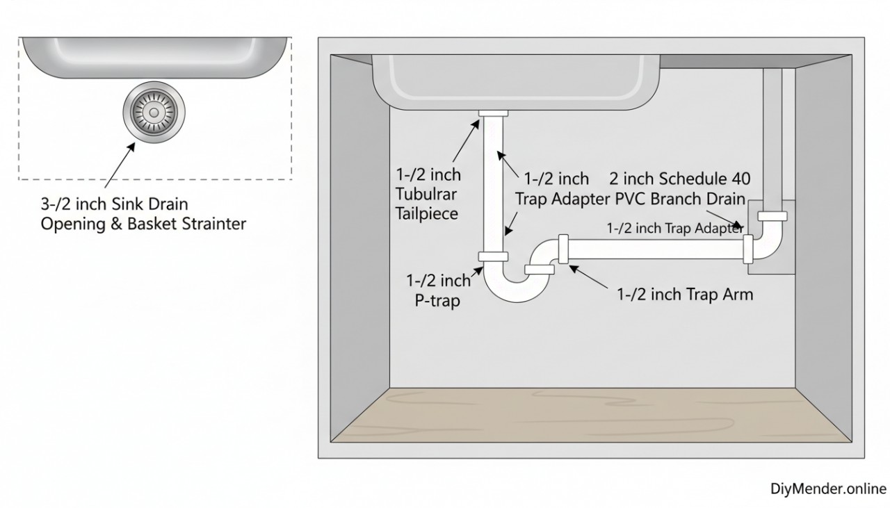 Detailed labeled illustration of a kitchen sink plumbing setup: top view and cutaway under-sink view, showing a 3-1/2 inch <a href=
