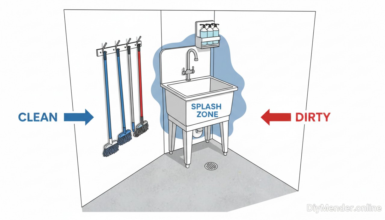 Diagram: compact janitor closet with floor-mounted mop sink, high back-splash, vacuum-breaker faucet, chemical dispenser with air gap, mop/broom hooks, sloped floor to drain. Arrows show clean-to-dirty workflow and splash zone. DiyMender.online watermark in lower-right.