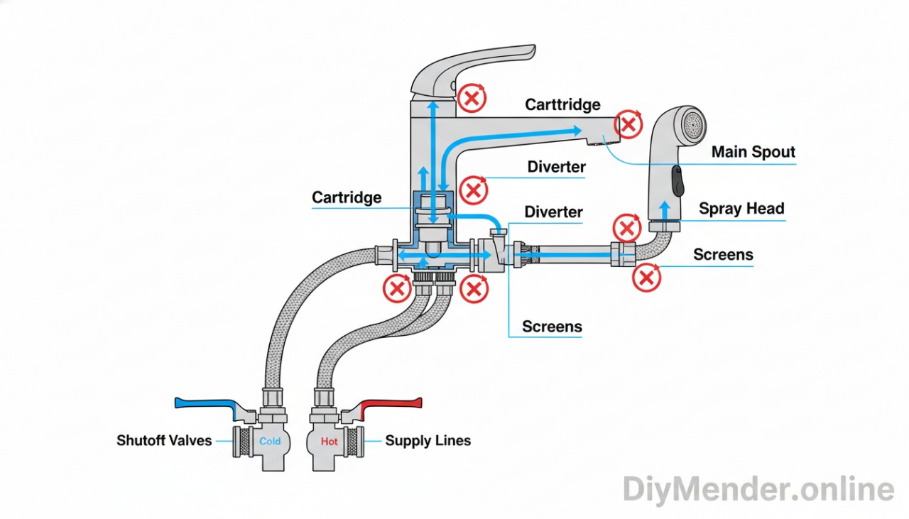 Diagram of kitchen faucet flow path: shutoff valves, supply lines, cartridge, diverter, spray head screens, and aerator. Add arrows showing typical clog points. Include DiyMender.online watermark.