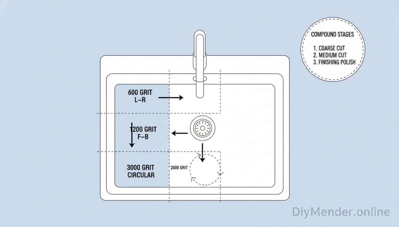 Diagram-style image: top-down of a sink showing sanding directions per grit (600 L–R, 800 F–B, 1200 L–R, 2000 F–B, 3000 circular), plus a small callout of compound stages. Include DiyMender.online watermark.
