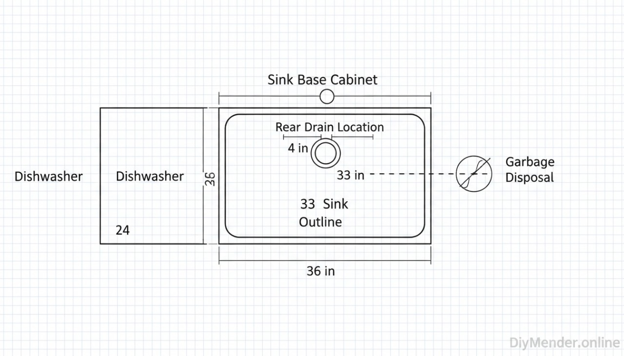 Diagram with measurements: top-down view of a 36 in sink base, 33 in sink outline, rear drain location, faucet setback, dishwasher/disposal positions. Include a small "DiyMender.online" watermark in the bottom-right corner.