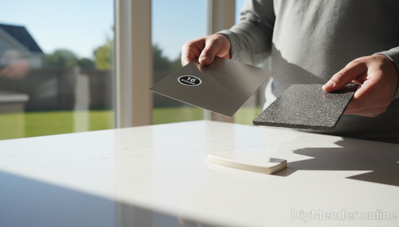Homeowner comparing three sink samples (stainless sheet with gauge label, composite swatch, fireclay chip) against a light quartz countertop under window light; hands in frame; soft shadows; clear "DiyMender.online" watermark in the lower right