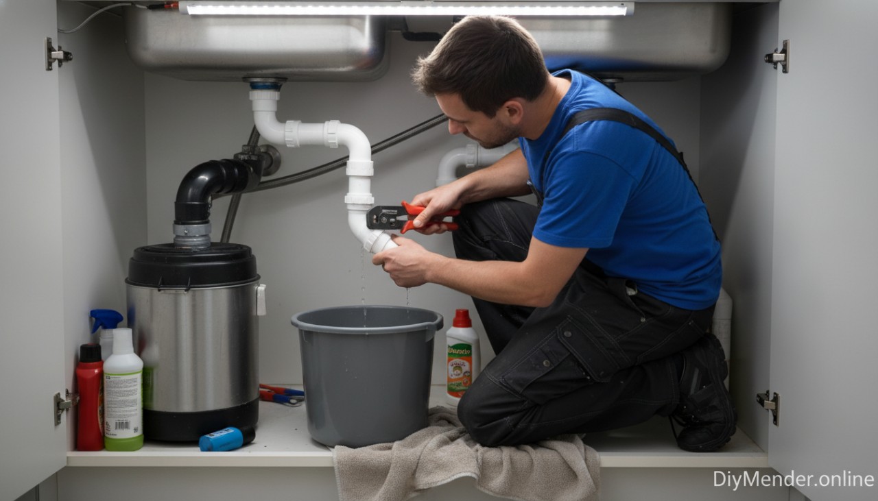 Homeowner kneeling under a kitchen sink with a bucket and channel-lock pliers, removing a plastic P-trap; clear view of double-bowl sink, garbage disposal, and trap arm; water droplets visible; bright, practical lighting and a small "DiyMender.online" watermark in the lower corner Homeowner kneeling under a kitchen sink with a bucket and channel-lock pliers, removing a plastic P-trap; clear view of double-bowl sink, garbage disposal, and trap arm; water droplets visible; bright, practical lighting and a small "DiyMender.online" watermark in the lower corner