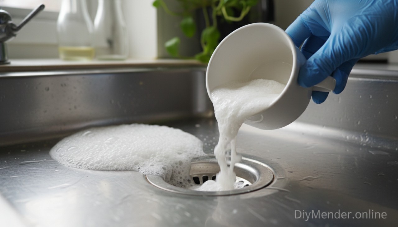 Image of a hand pouring a mix of baking soda and vinegar down a kitchen sink, illustrating the cleaning process. DiyMender.online watermark included.