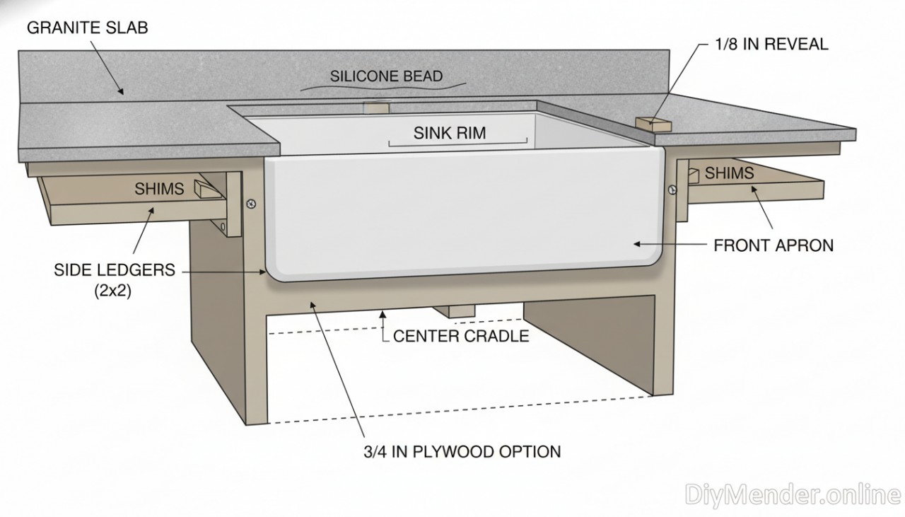 Labeled cross-section diagram of a farmhouse sink under granite: shows granite slab, silicone bead, sink rim, front apron, cabinet face frame, side ledgers (2x2), center cradle, and shims. Include dimensions (1/8 in reveal, 3/4 in plywood option). Clean lines, readable labels, neutral colors, with a small “DiyMender.online” watermark