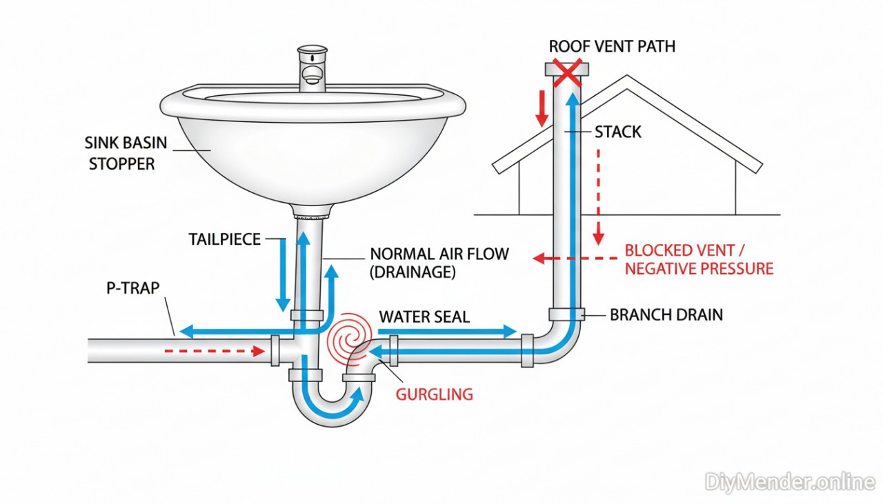 Labeled cutaway diagram of a sink drain showing the sink basin, stopper, tailpiece, P-trap water seal, branch drain, and roof vent path; arrows indicating normal air flow during drainage vs. blocked vent causing negative pressure and gurgling; clean, readable labels and a small “DiyMender.online” watermark Labeled cutaway diagram of a sink drain showing the sink basin, stopper, tailpiece, P-trap water seal, branch drain, and roof vent path; arrows indicating normal air flow during drainage vs. blocked vent causing negative pressure and gurgling; clean, readable labels and a small “DiyMender.online” watermark