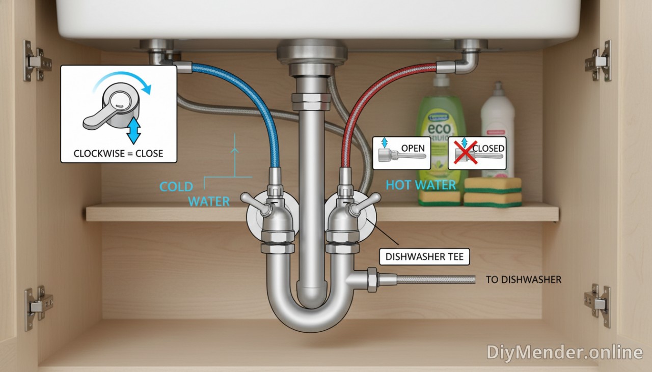 Labeled cutaway illustration of an under-sink setup: hot and cold angle stop valves, quarter-turn lever shown parallel=open and perpendicular=closed, flexible braided supply lines to faucet, optional dishwasher tee, arrows indicating clockwise close direction for knob valves; clean, realistic cabinet background; clear “DiyMender.online” watermark
