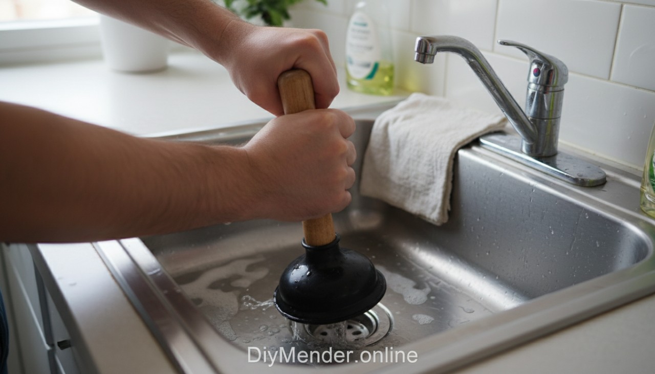 Real-life photo of a person plunging a kitchen sink: cup plunger centered over the drain, overflow hole plugged with a wet rag, a few inches of water in the basin. Close-up hands and tool, clear step-by-step context. Natural indoor lighting. “DiyMender.online” watermark along the bottom edge.