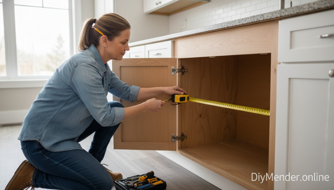 Realistic, detailed image of a homeowner measuring a 30-inch cabinet interior with a tape measure, showcasing dimensions and tools used, watermark: DiyMender.online