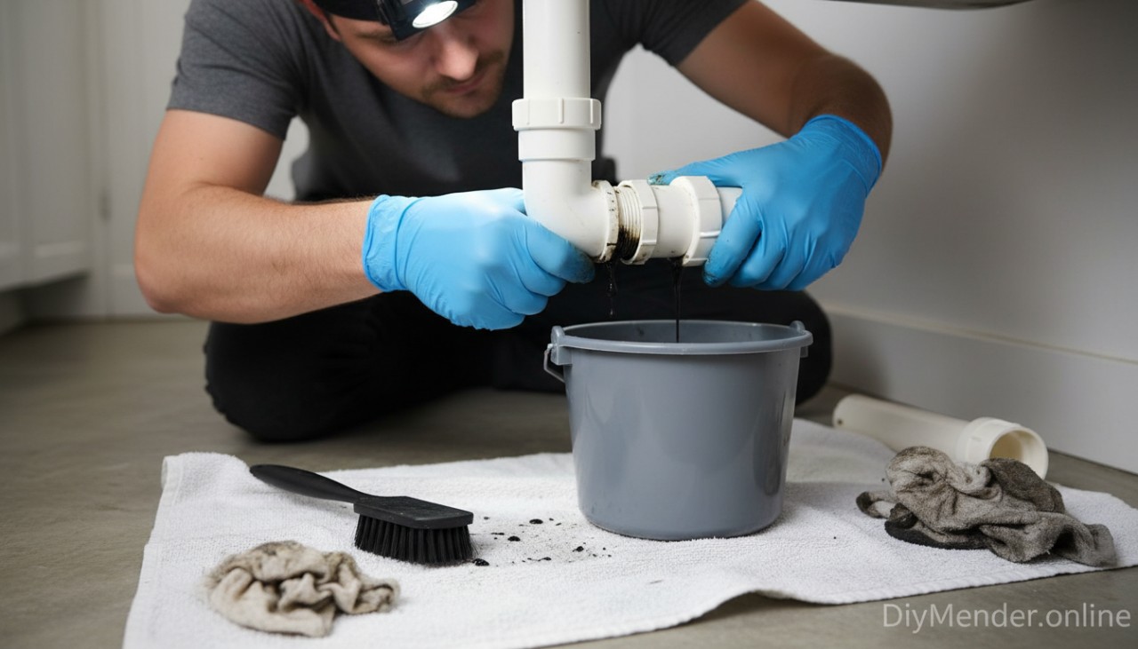 Realistic photo scenario: homeowner wearing gloves removing a P-trap under a sink, bucket beneath, visible black sludge in trap, nearby nylon brush and rags on a towel, clear close-up; subtle “DiyMender.online” watermark