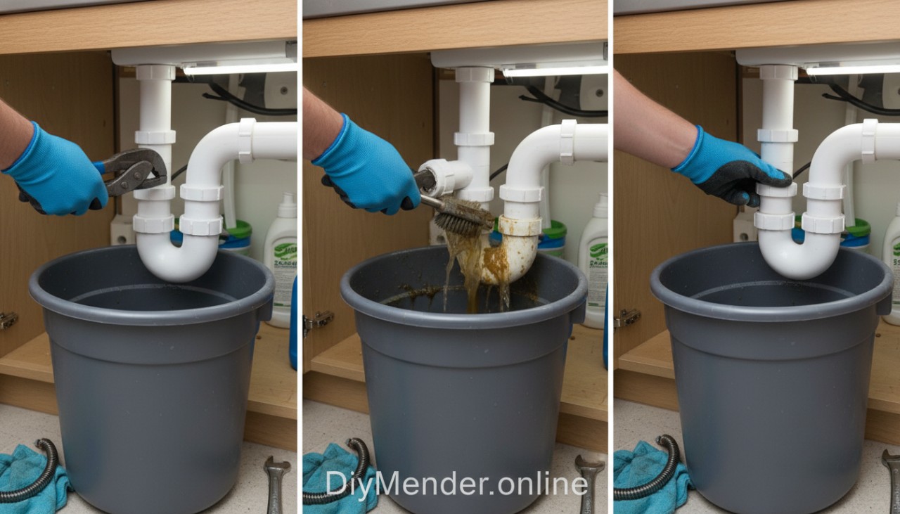 Realistic step-by-step collage or single close-up image of a homeowner removing a kitchen sink P-trap with a bucket underneath, showing the gunky contents being cleaned with a brush, and slip nuts being reinstalled. Good lighting under the sink, common tools visible (pliers, rag, small auger). Add a clear “DiyMender.online” watermark along the bottom edge.