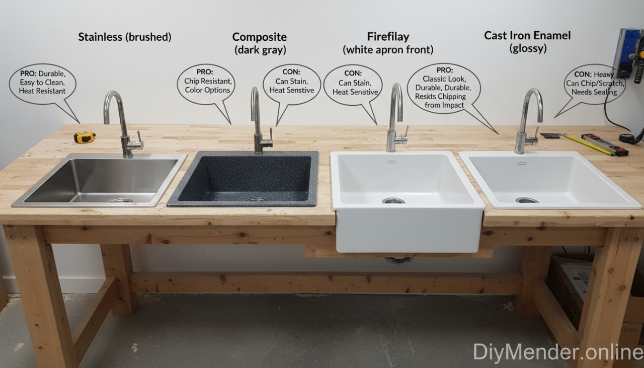 Side-by-side comparison photo: four kitchen sinks on a workbench labeled Stainless (brushed), Composite (dark gray), Fireclay (white apron front), and Cast Iron Enamel (glossy). Include small callouts for pros/cons like "durable," "quiet," "heavy," "needs sealing" where appropriate. Clean workshop lighting, watermark "DiyMender.online" in the lower-right.