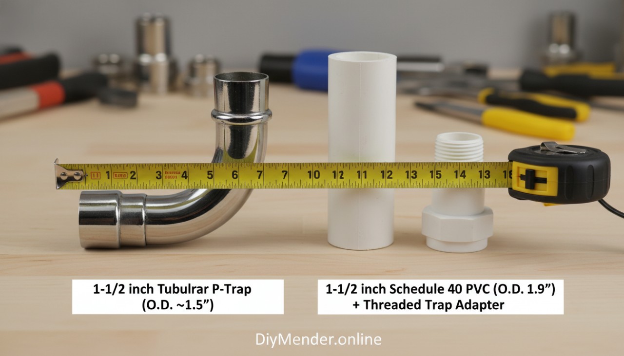 Side-by-side comparison photo on a workbench: 1-1/2 inch tubular P-trap set next to a 1-1/2 inch schedule 40 PVC pipe and a threaded trap adapter, with a tape measure showing outside diameters (~1.5 inch tubular vs ~1.9 inch schedule 40); labels indicating each part; clean, well-lit; watermark: DiyMender.online positioned neatly along the bottom edge
