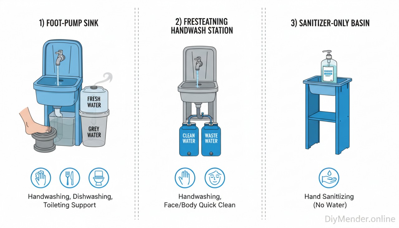 Side-by-side labeled illustration showing three portable hygiene setups: 1) foot-pump sink with fresh and grey tanks, 2) freestanding handwash station with dual tanks, 3) sanitizer-only basin without plumbing; icons for use cases; "DiyMender.online" watermark
