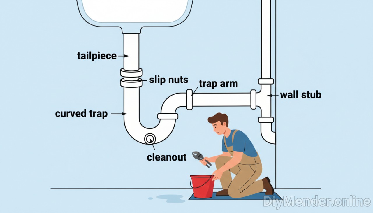 Simple diagram of a sink P-trap assembly with labels: tailpiece, slip nuts, curved trap, cleanout, trap arm, wall stub. A homeowner kneels with a bucket and pliers. Subtle DiyMender.online watermark in a corner. Simple diagram of a sink P-trap assembly with labels: tailpiece, slip nuts, curved trap, cleanout, trap arm, wall stub. A homeowner kneels with a bucket and pliers. Subtle DiyMender.online watermark in a corner.