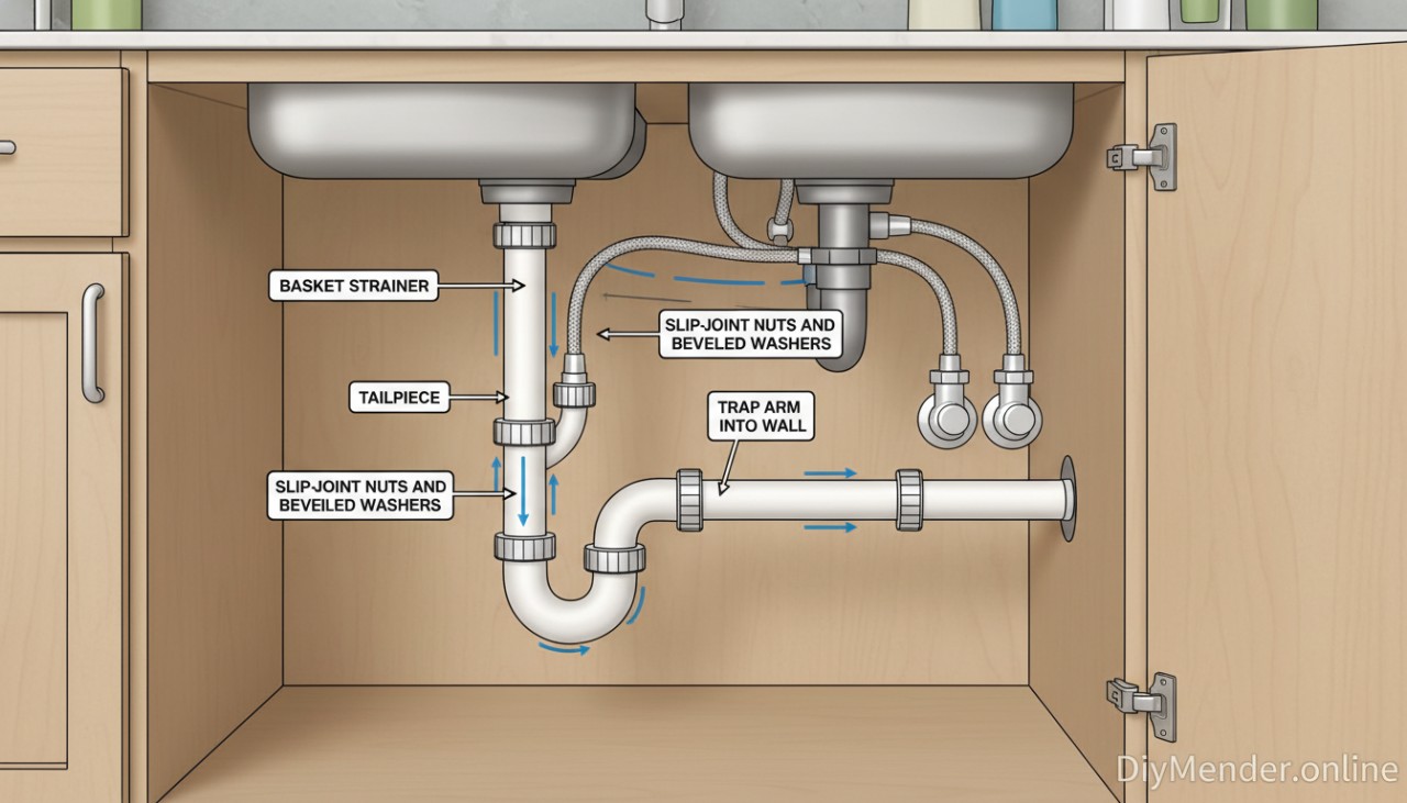 Under-sink cutaway diagram showing labeled parts: basket strainer, tailpiece, slip-joint nuts and beveled washers, P-trap, trap arm into wall, shutoff valves, and braided supply lines; clean, realistic kitchen cabinet scene; subtle “DiyMender.online” watermark